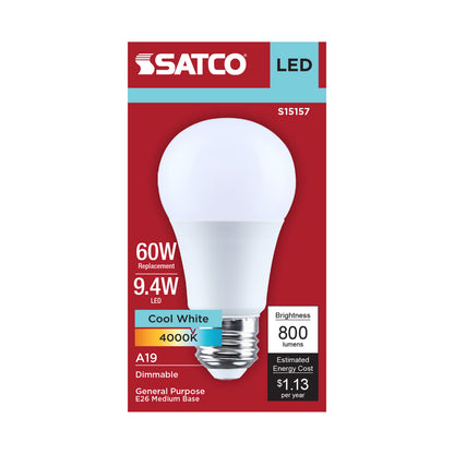 Satco S15157 9.4W A19 Cool White LED Light Bulb Medium Base