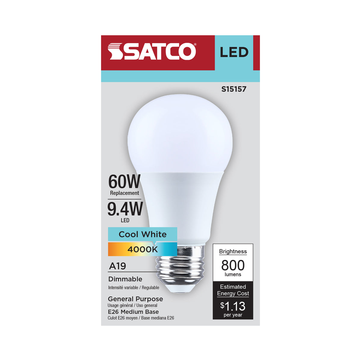 Satco S15157 9.4W A19 Cool White LED Light Bulb Medium Base