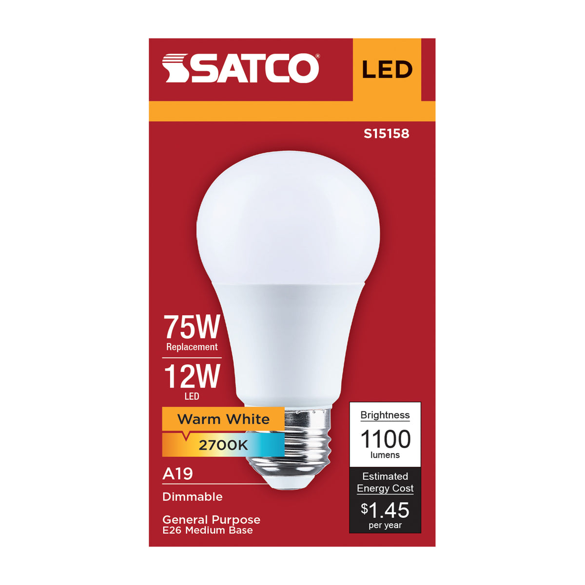 Satco S15158 12W A19 Warm White LED Light Bulb Medium Base