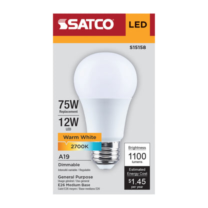 Satco S15158 12W A19 Warm White LED Light Bulb Medium Base