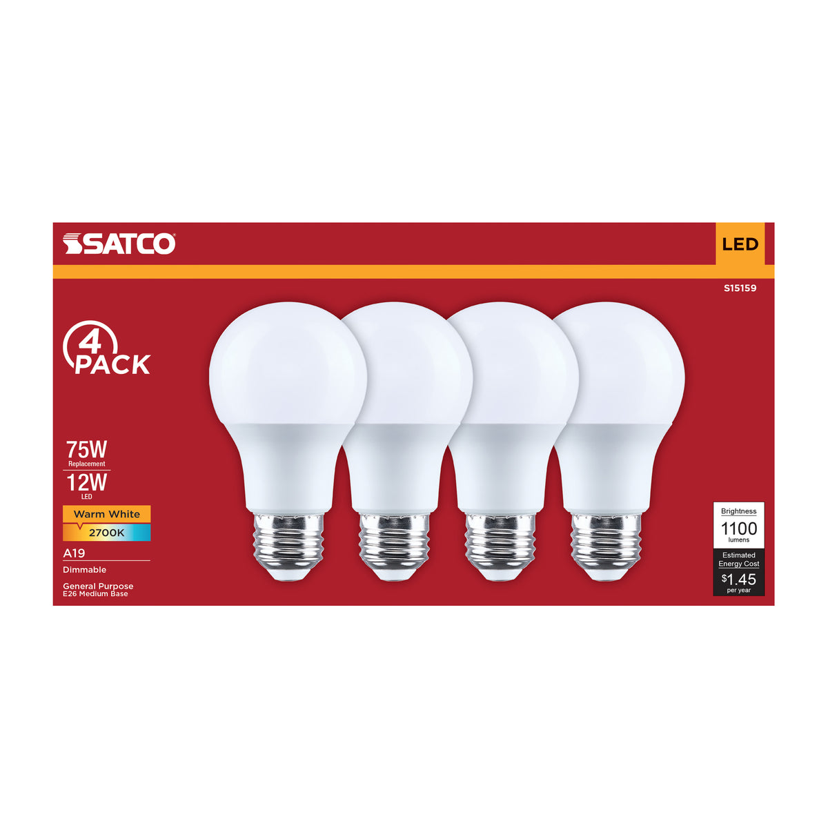 Satco S15159 12W A19 Warm White LED Light Bulb Medium Base