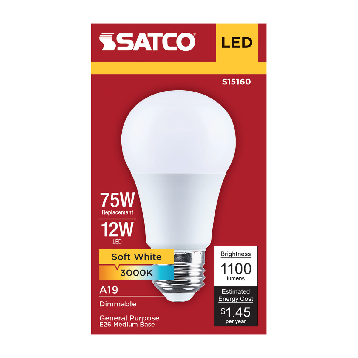 Satco S15160 12W A19 Soft White LED Light Bulb Medium Base