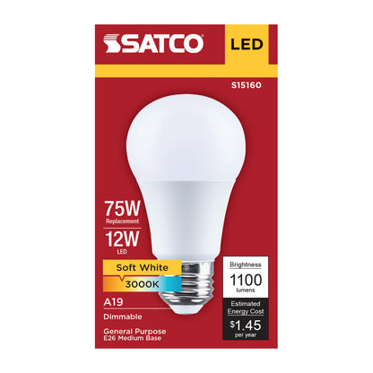 Satco S15160 12W A19 Soft White LED Light Bulb Medium Base