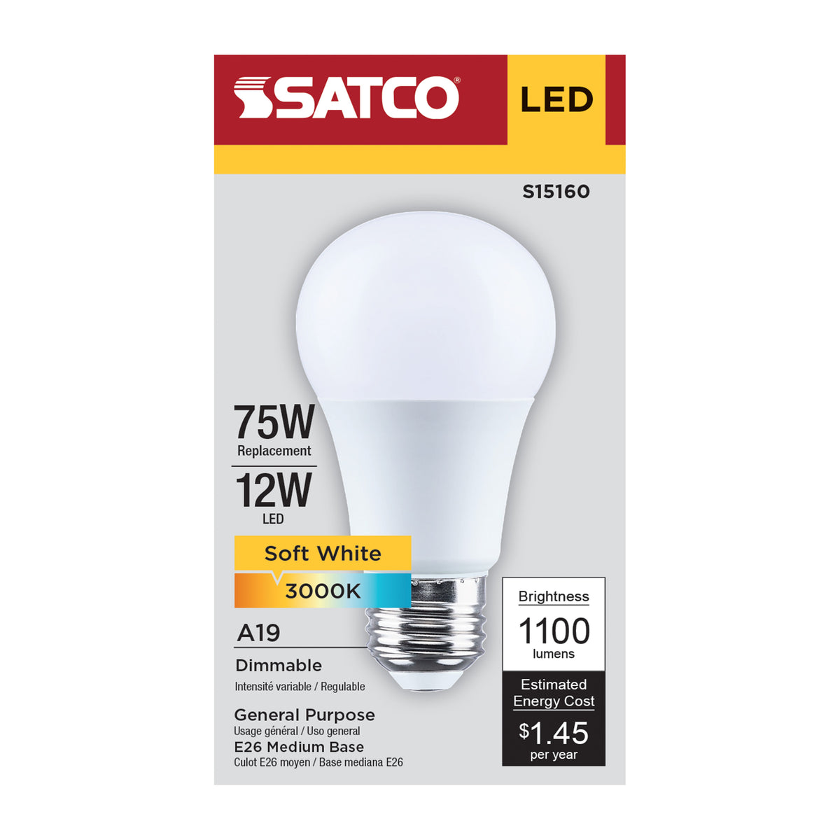 Satco S15160 12W A19 Soft White LED Light Bulb Medium Base