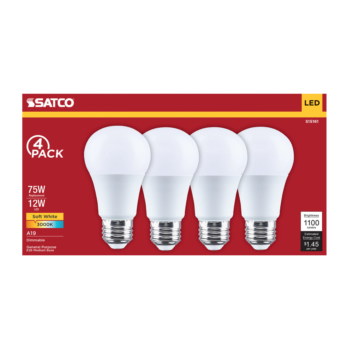 Satco S15161 12W A19 Soft White LED Light Bulb Medium Base