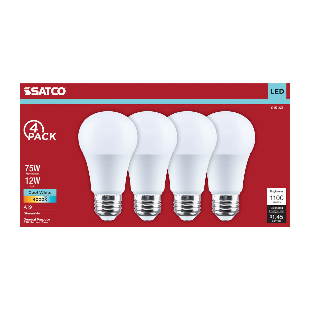 Satco S15163 12W A19 Cool White LED Light Bulb Medium Base