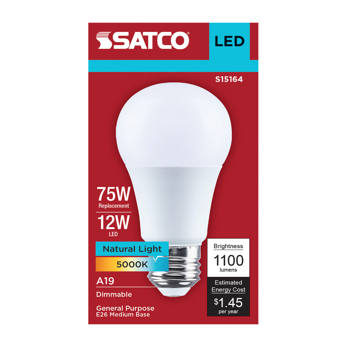 Satco S15164 12W A19 Natural Light LED Light Bulb Medium Base