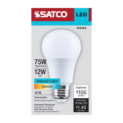 Satco S15164 12W A19 Natural Light LED Light Bulb Medium Base