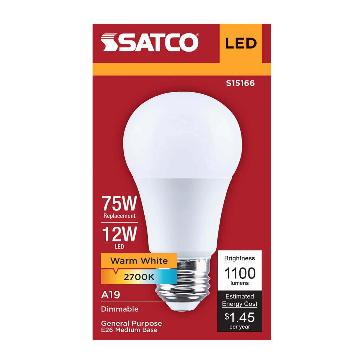 Satco S15166 12W A19 Warm White LED Light Bulb Medium Base