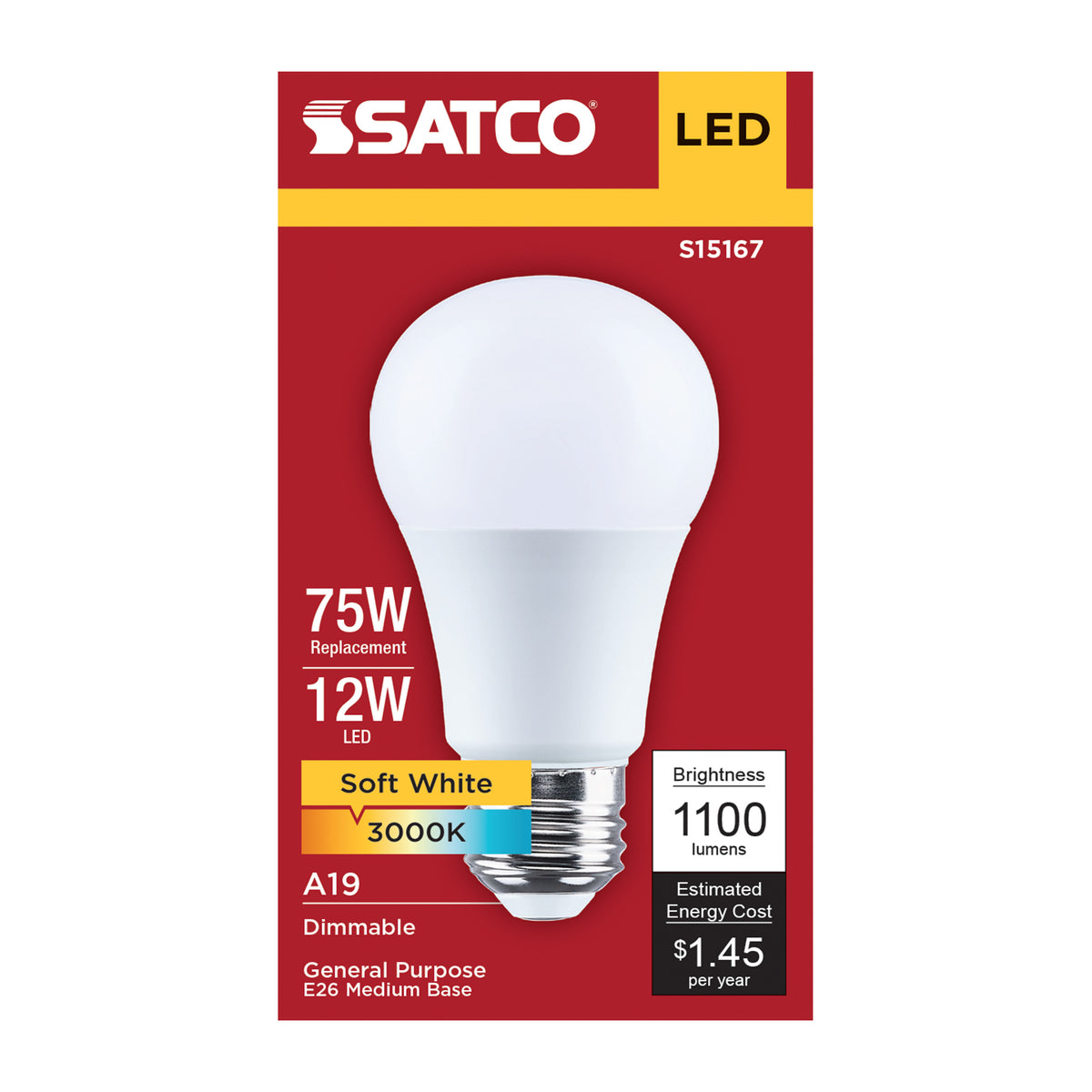 Satco S15167 12W A19 Soft White LED Light Bulb Medium Base