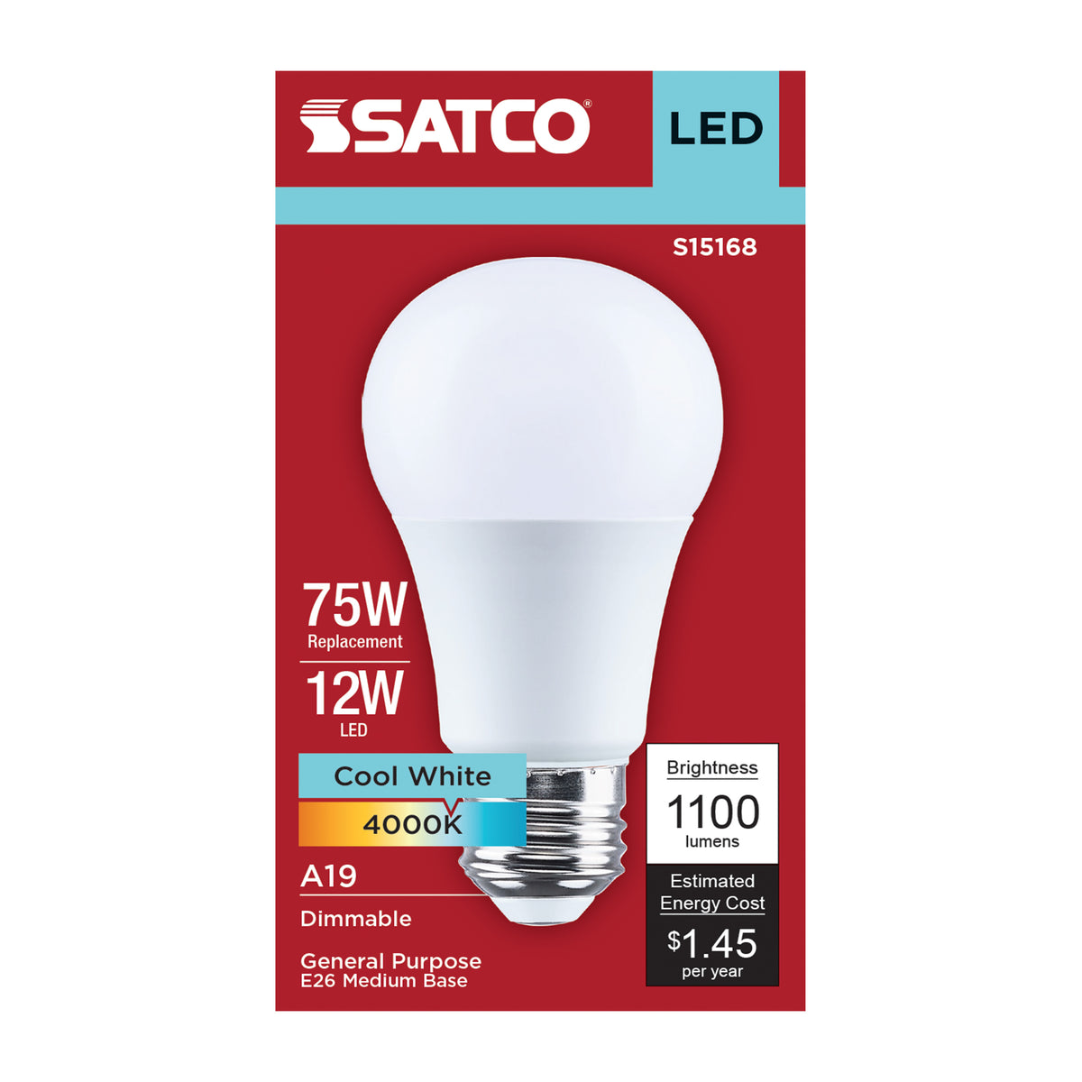 Satco S15168 12W A19 Cool White LED Light Bulb Medium Base