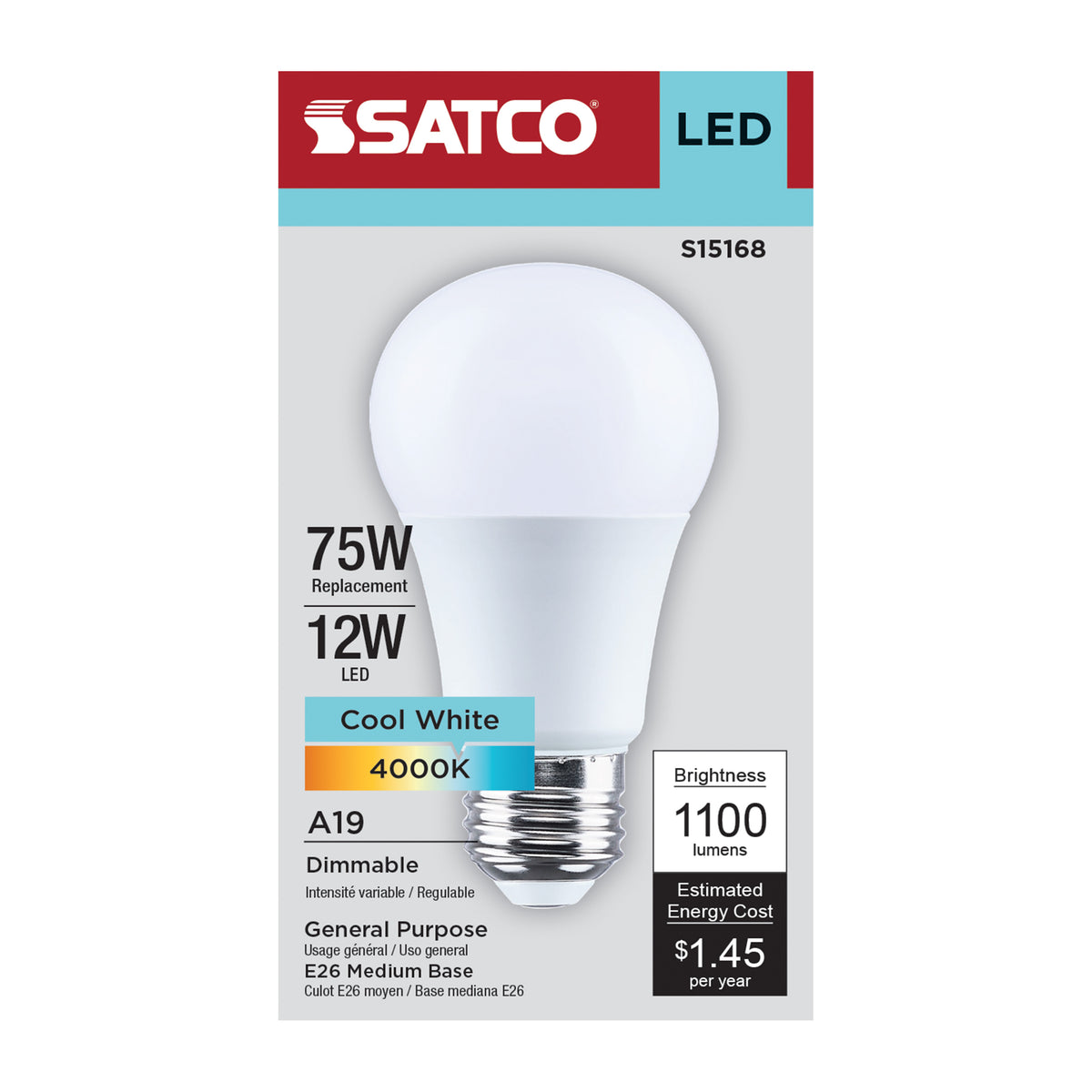 Satco S15168 12W A19 Cool White LED Light Bulb Medium Base