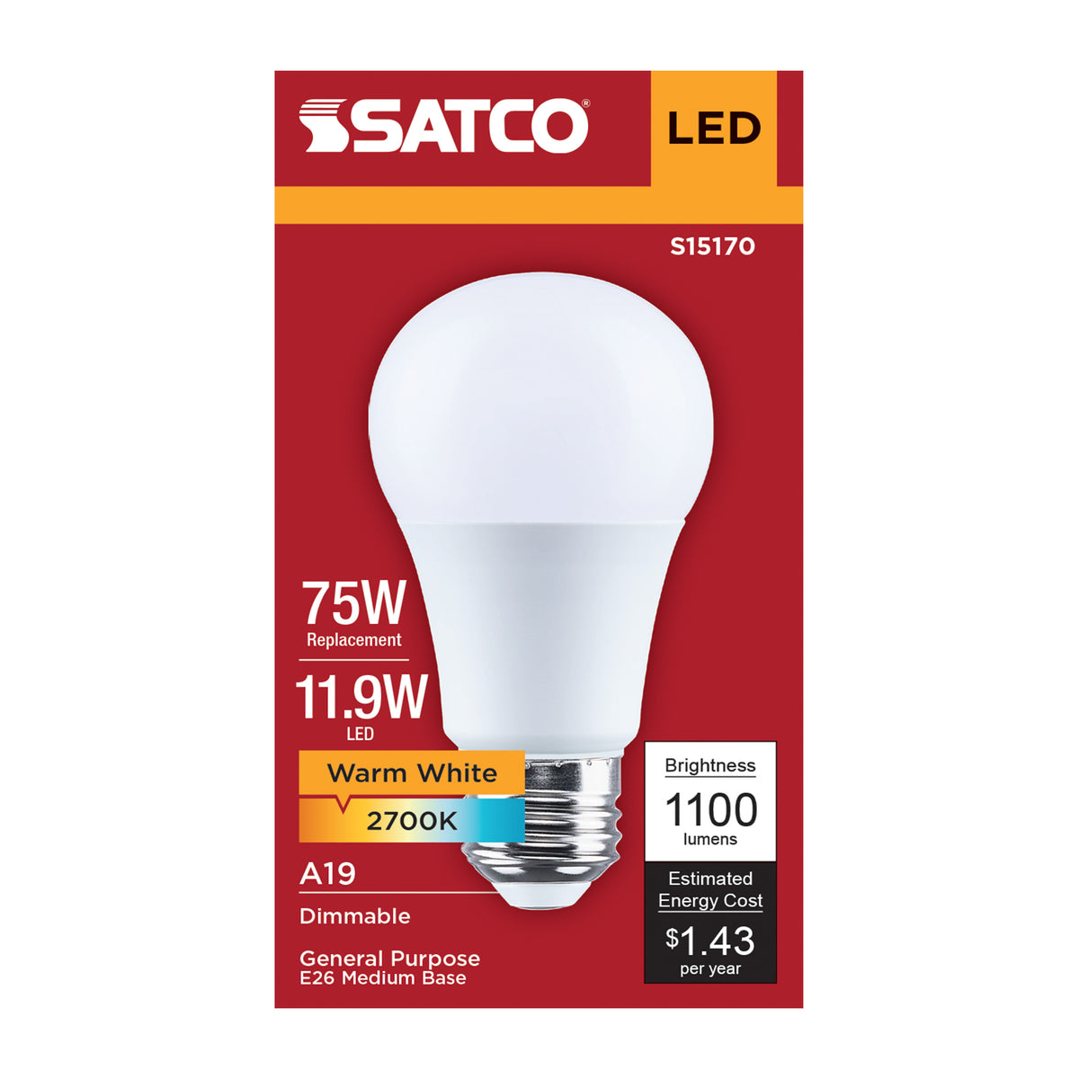 Satco S15170 11.9W A19 Warm White LED Light Bulb Medium Base