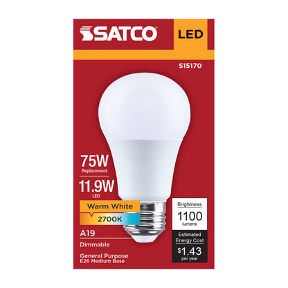 Satco S15170 11.9W A19 Warm White LED Light Bulb Medium Base