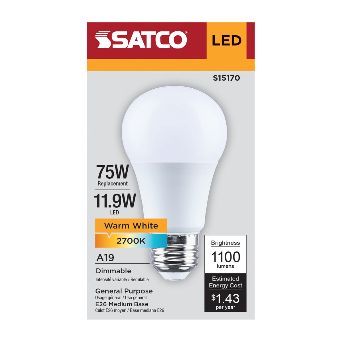 Satco S15170 11.9W A19 Warm White LED Light Bulb Medium Base