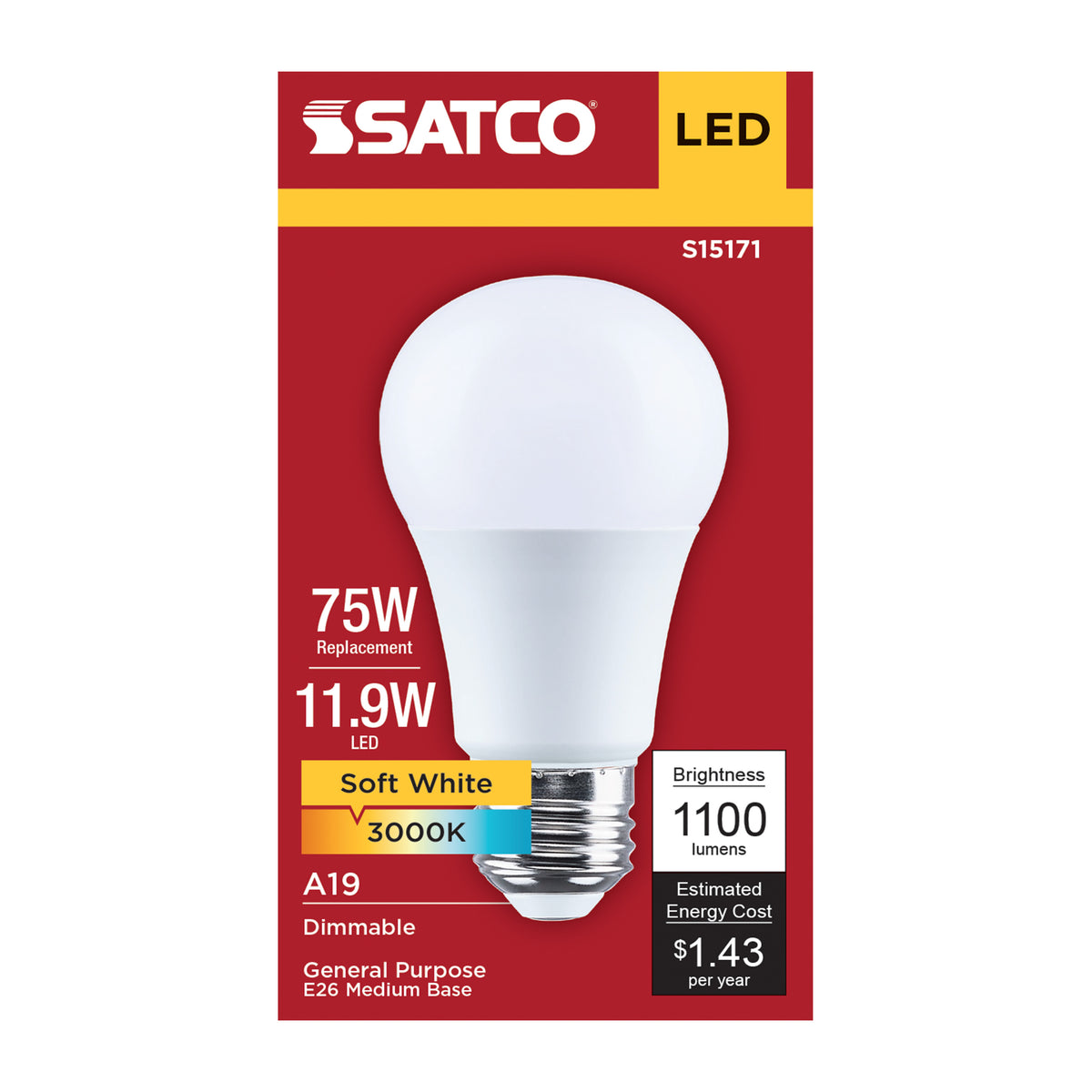 Satco S15171 11.9W A19 Soft White LED Light Bulb Medium Base