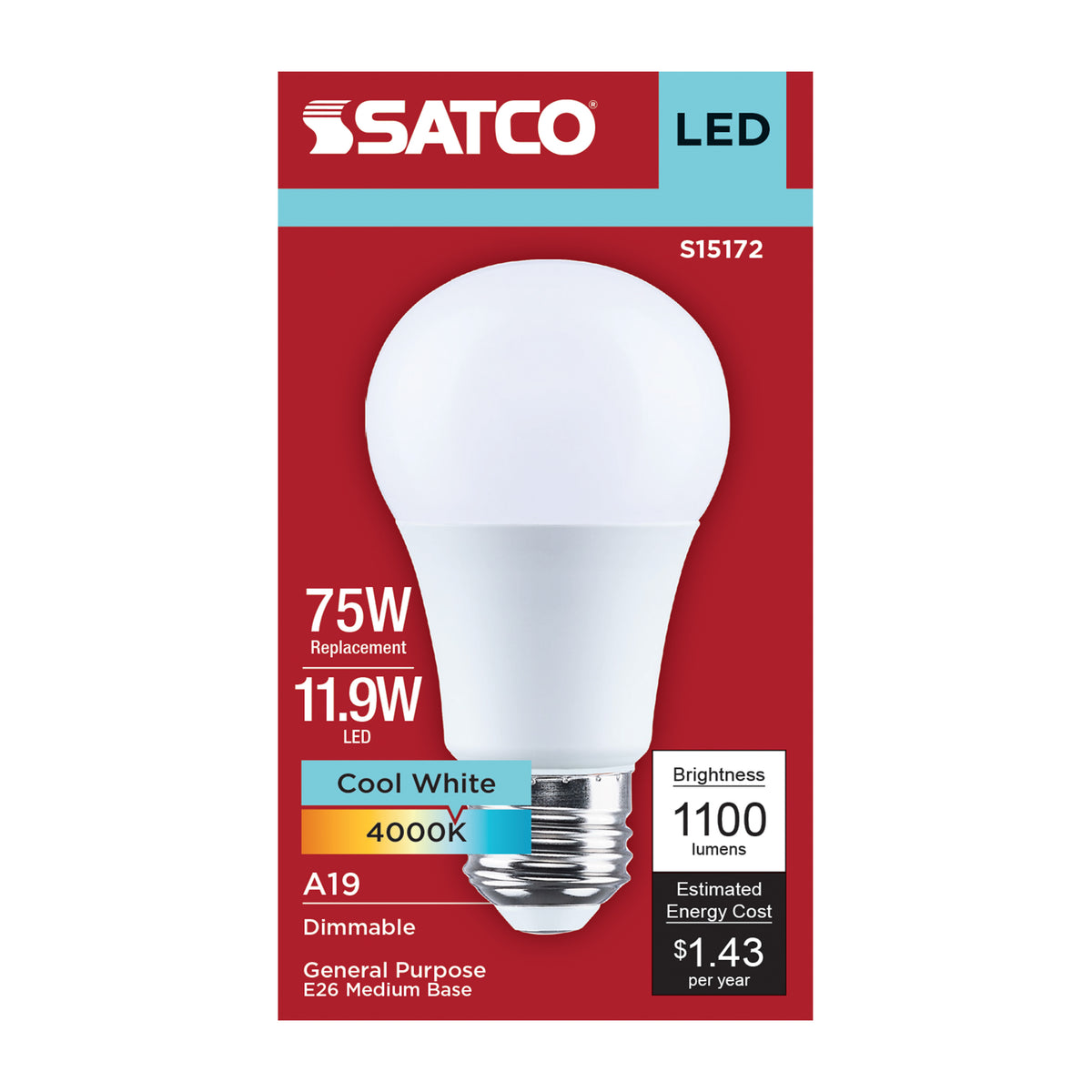 Satco S15172 11.9W A19 Cool White LED Light Bulb Medium Base