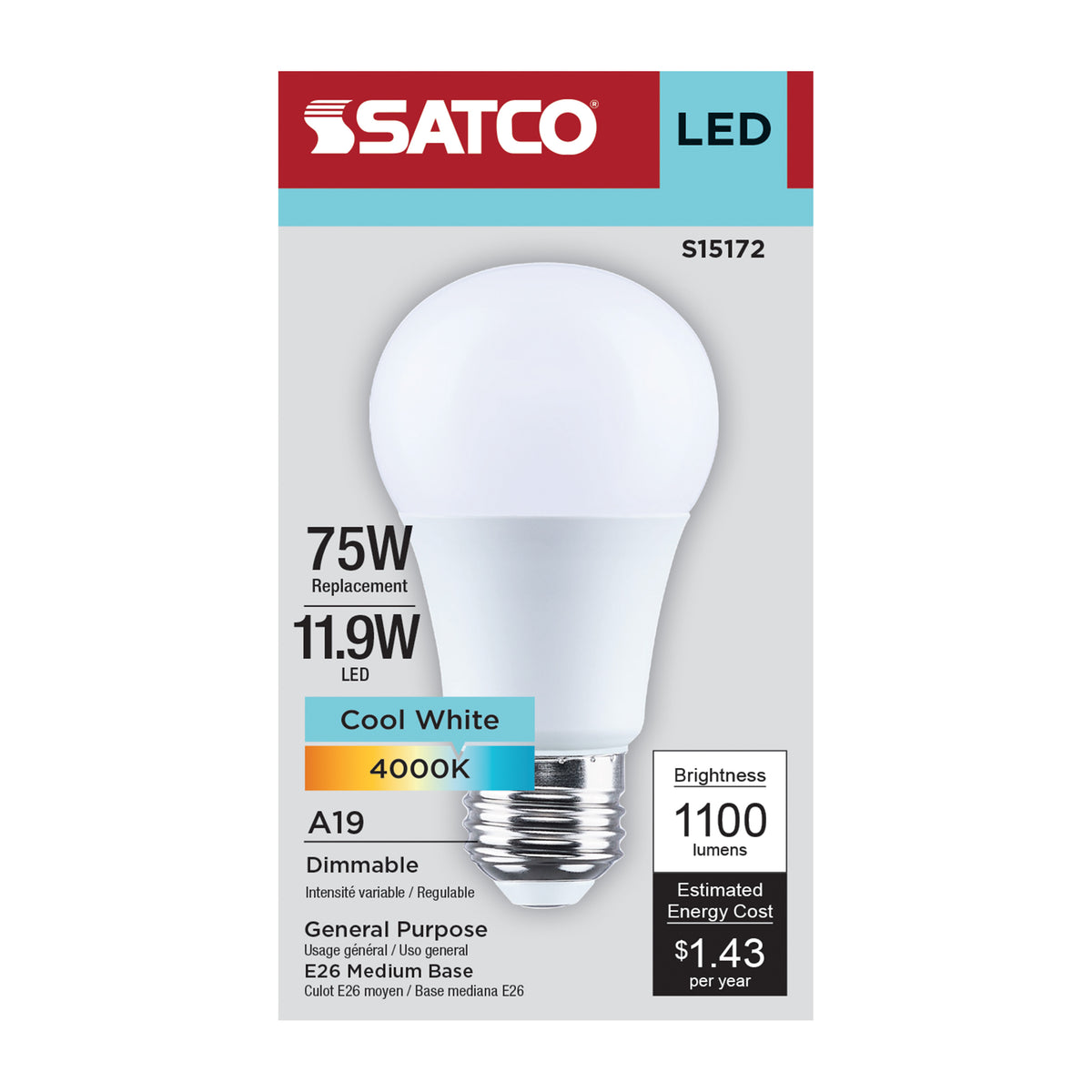 Satco S15172 11.9W A19 Cool White LED Light Bulb Medium Base
