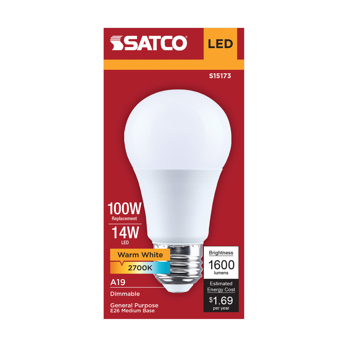 Satco S15173 14W A19 Warm White LED Light Bulb Medium Base