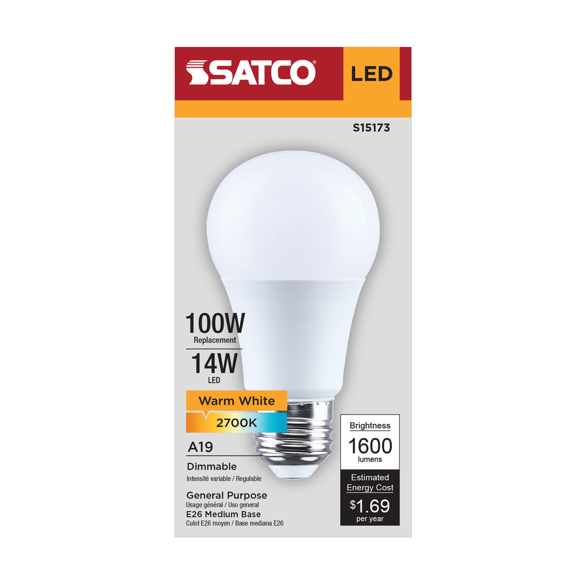 Satco S15173 14W A19 Warm White LED Light Bulb Medium Base