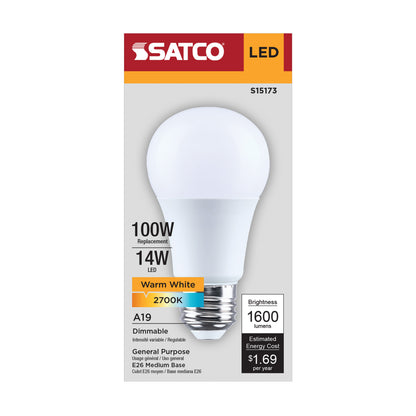Satco S15173 14W A19 Warm White LED Light Bulb Medium Base