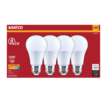 Satco S15174 14W A19 Warm White LED Light Bulb Medium Base