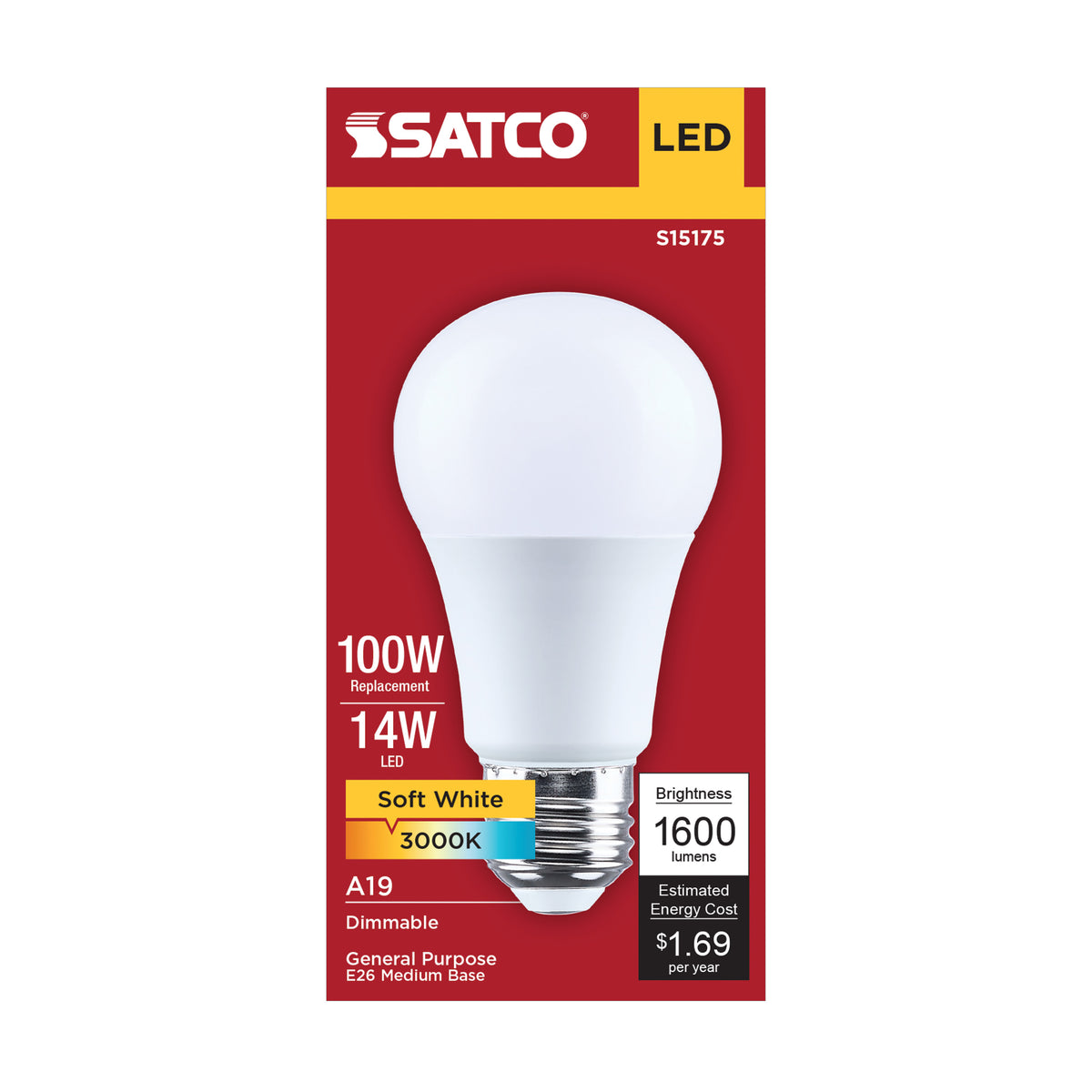 Satco S15175 14W A19 Soft White LED Light Bulb Medium Base