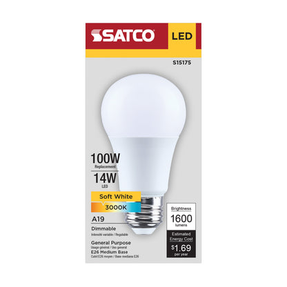 Satco S15175 14W A19 Soft White LED Light Bulb Medium Base