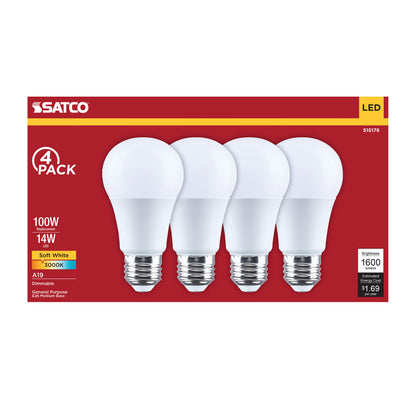 Satco S15176 14W A19 Soft White LED Light Bulb Medium Base