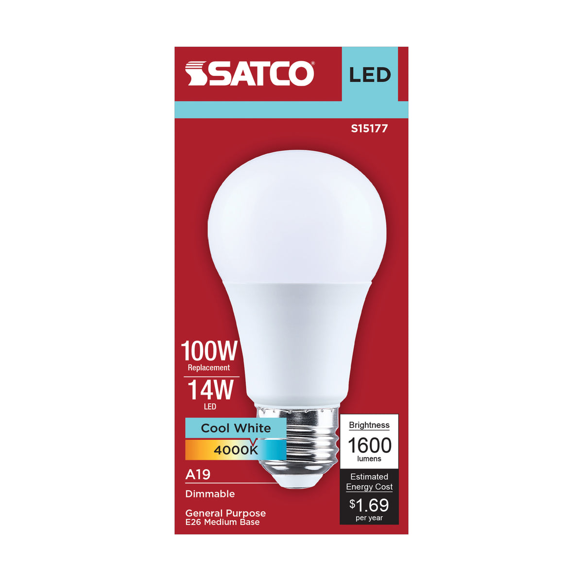 Satco S15177 14W A19 Cool White LED Light Bulb Medium Base