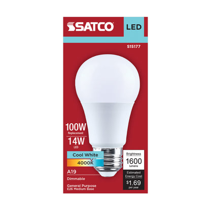 Satco S15177 14W A19 Cool White LED Light Bulb Medium Base