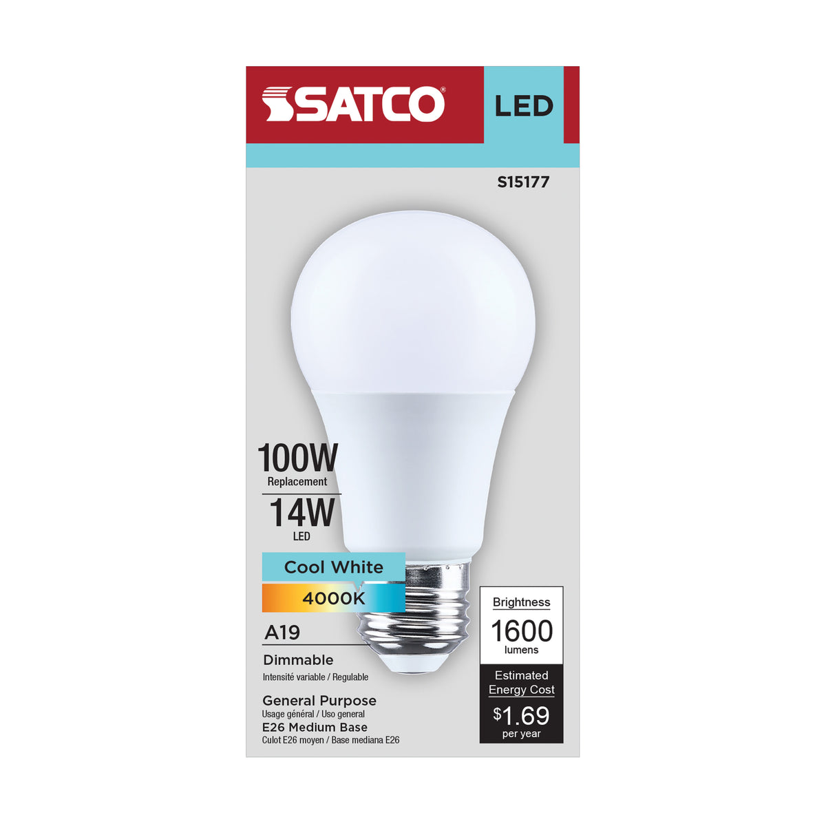 Satco S15177 14W A19 Cool White LED Light Bulb Medium Base