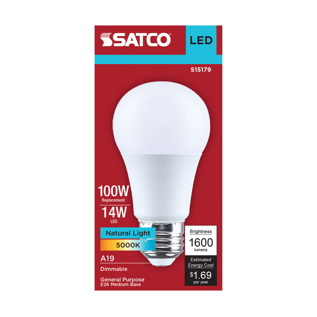 Satco S15179 14W A19 Natural Light LED Light Bulb Medium Base