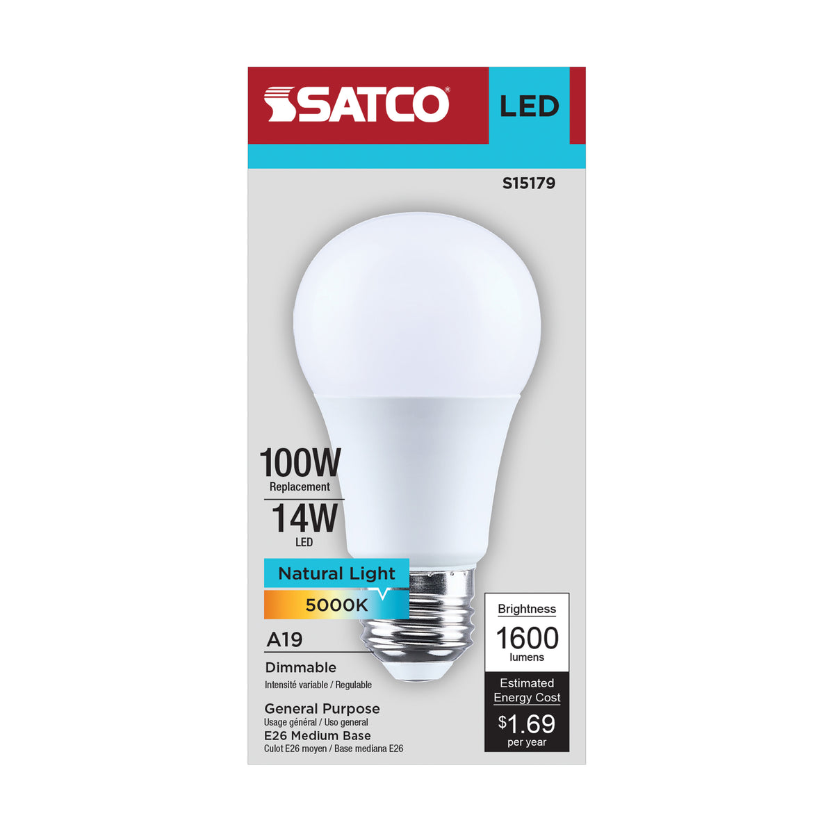 Satco S15179 14W A19 Natural Light LED Light Bulb Medium Base
