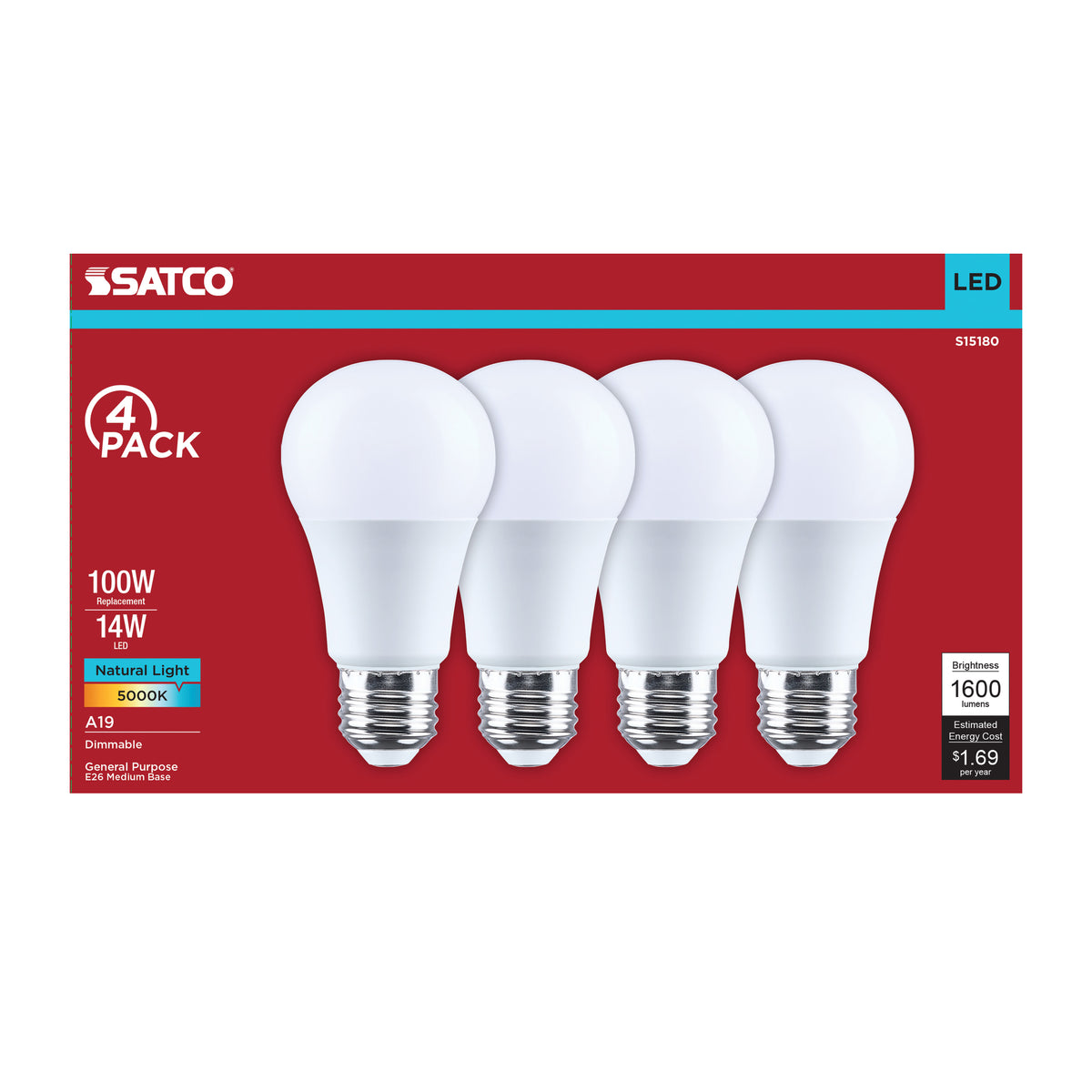 Satco S15180 14W A19 Natural Light LED Light Bulb Medium Base