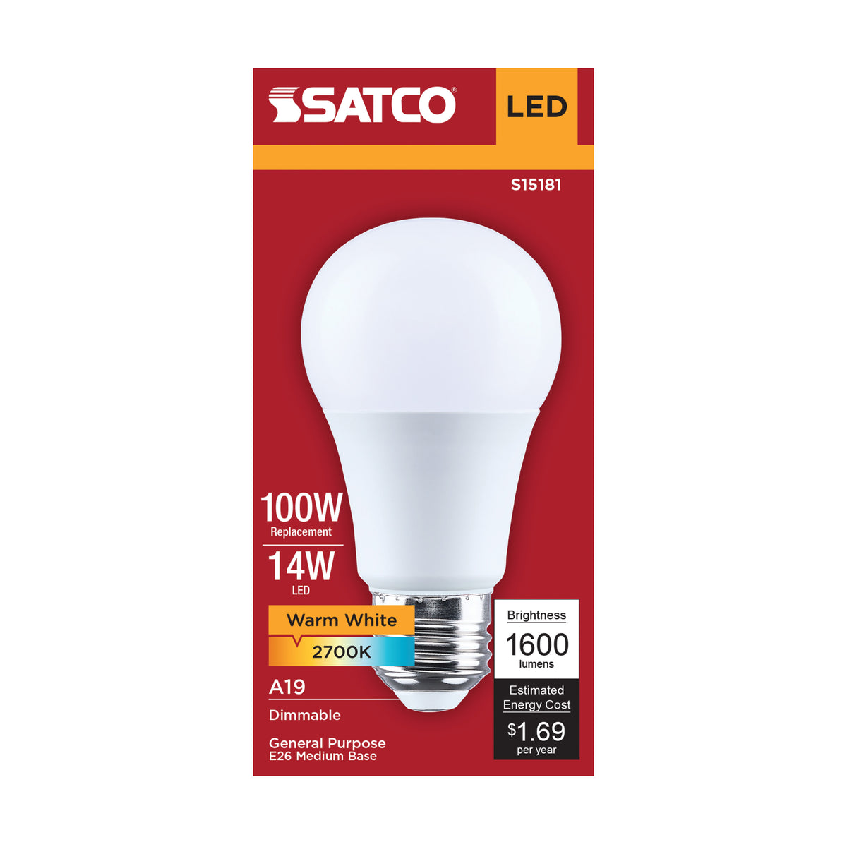 Satco S15181 14W A19 Warm White LED Light Bulb Medium Base