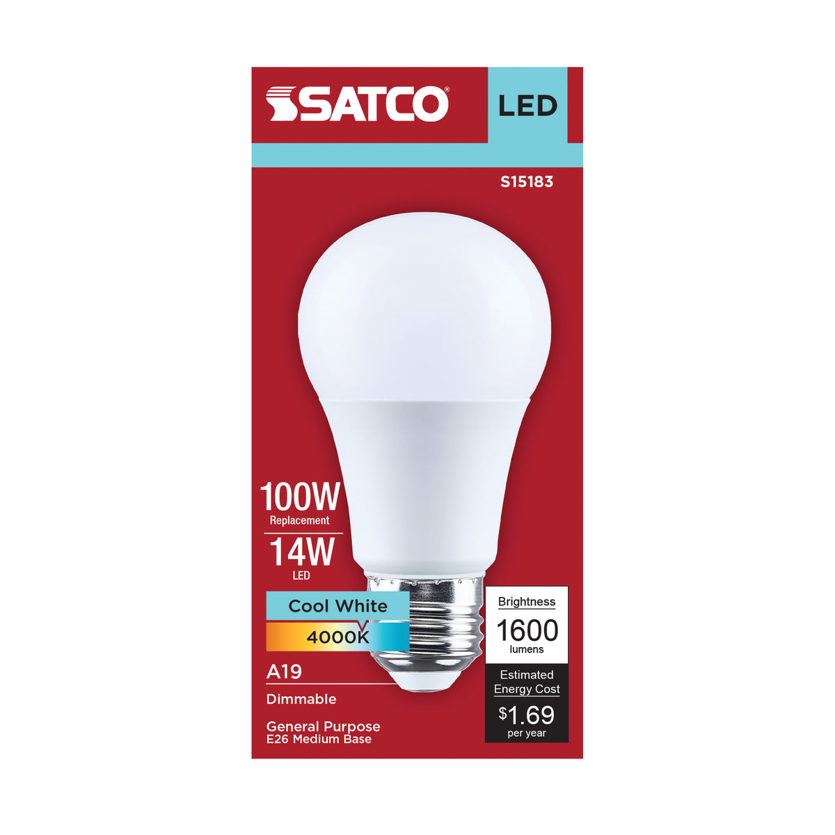 Satco S15183 14W A19 Cool White LED Light Bulb Medium Base