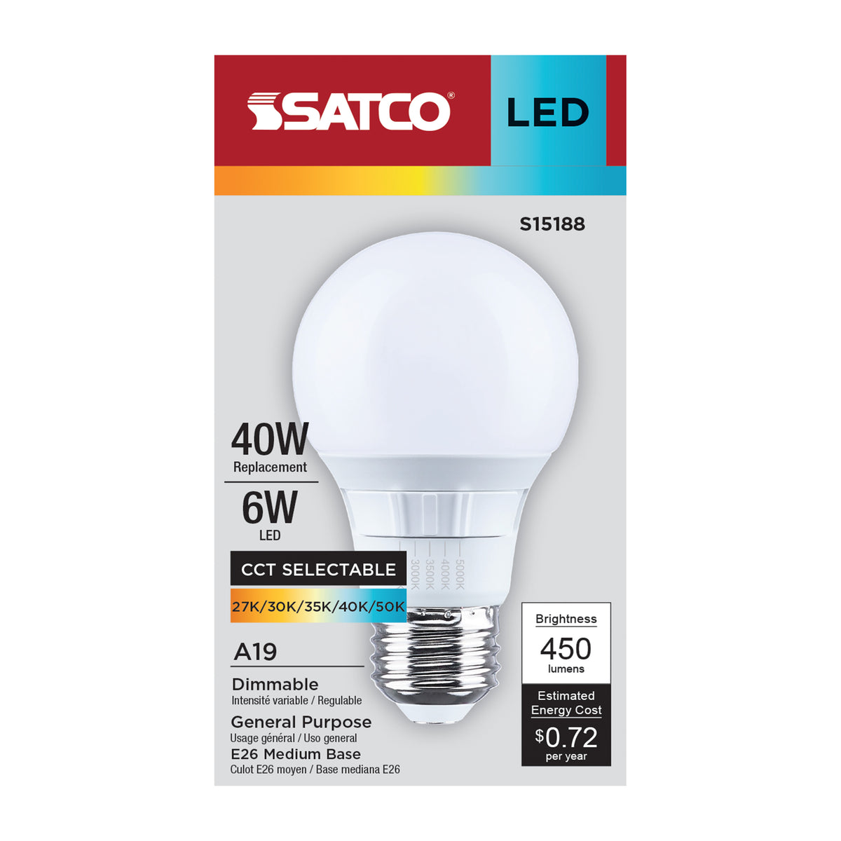 Satco S15188 6W A19 CCT Selectable LED Light Bulb Medium Base