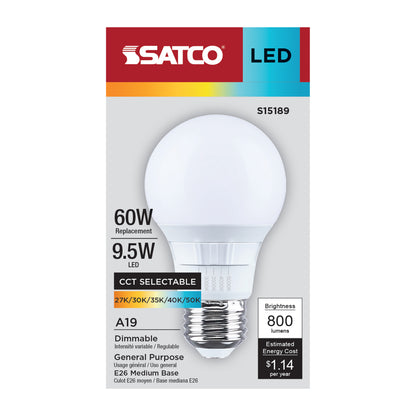 Satco S15189 9.5W A19 CCT Selectable LED Light Bulb Medium Base