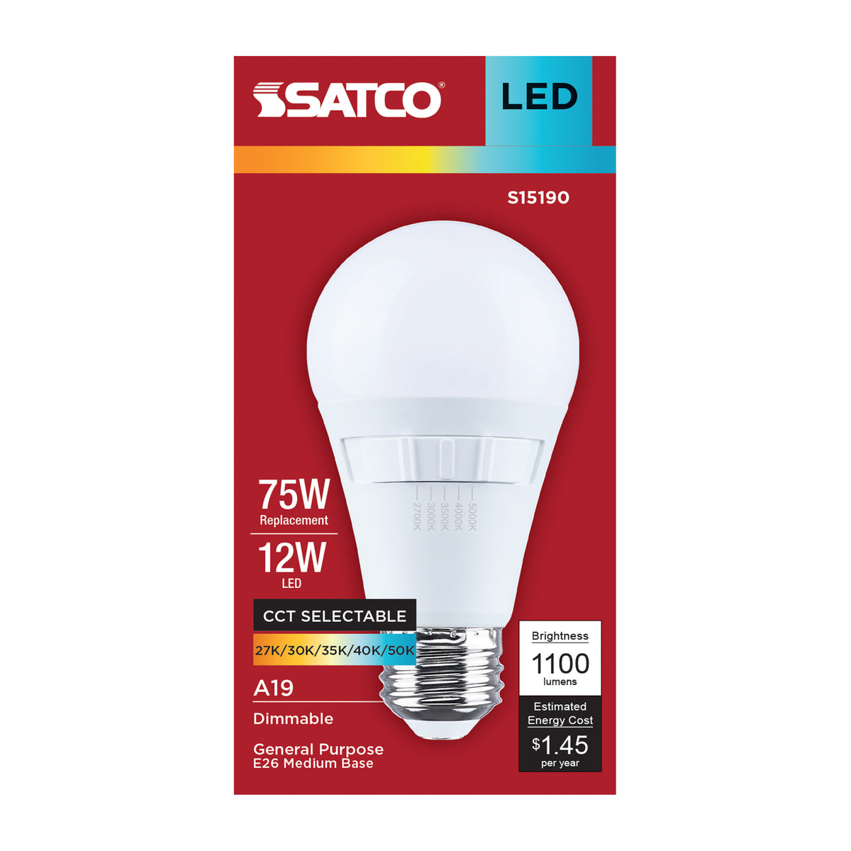 Satco S15190 12W A19 CCT Selectable LED Light Bulb Medium Base