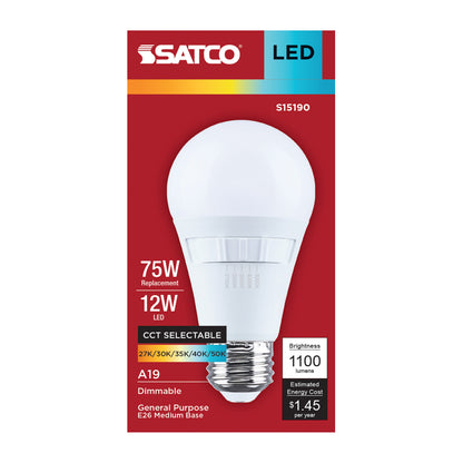 Satco S15190 12W A19 CCT Selectable LED Light Bulb Medium Base