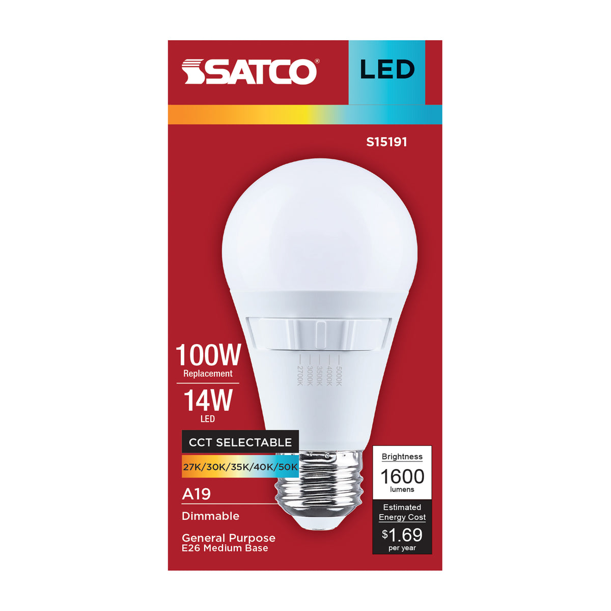Satco S15191 14W A19 CCT Selectable LED Light Bulb Medium Base