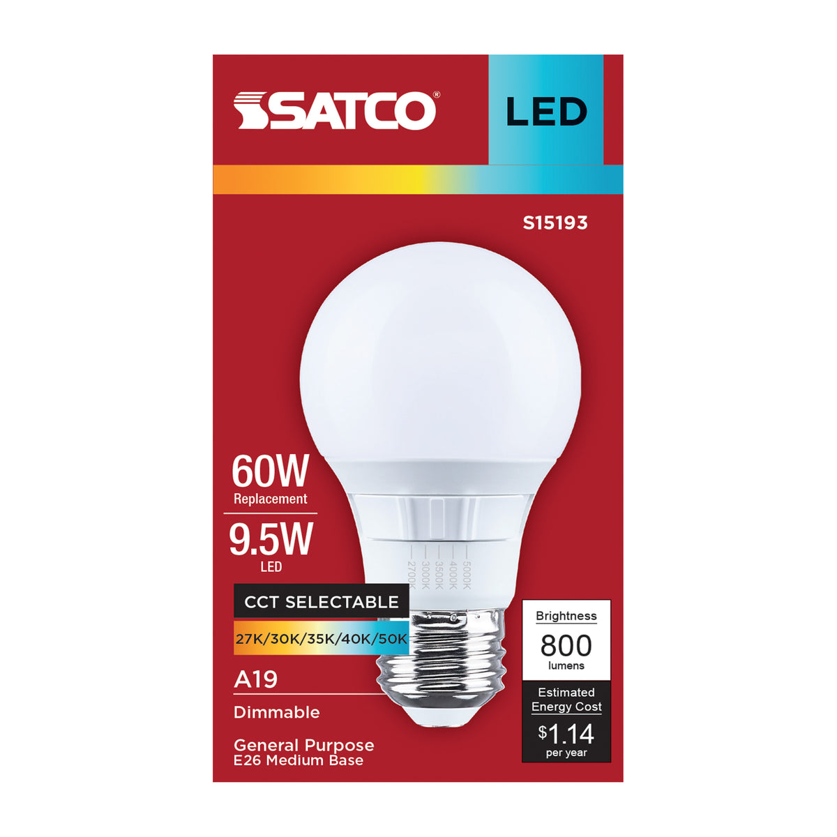 Satco S15193 9.5W A19 CCT Selectable LED Light Bulb Medium Base