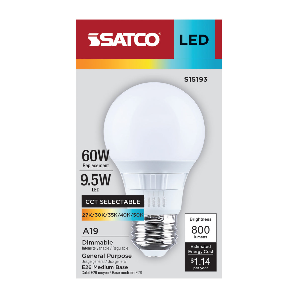 Satco S15193 9.5W A19 CCT Selectable LED Light Bulb Medium Base