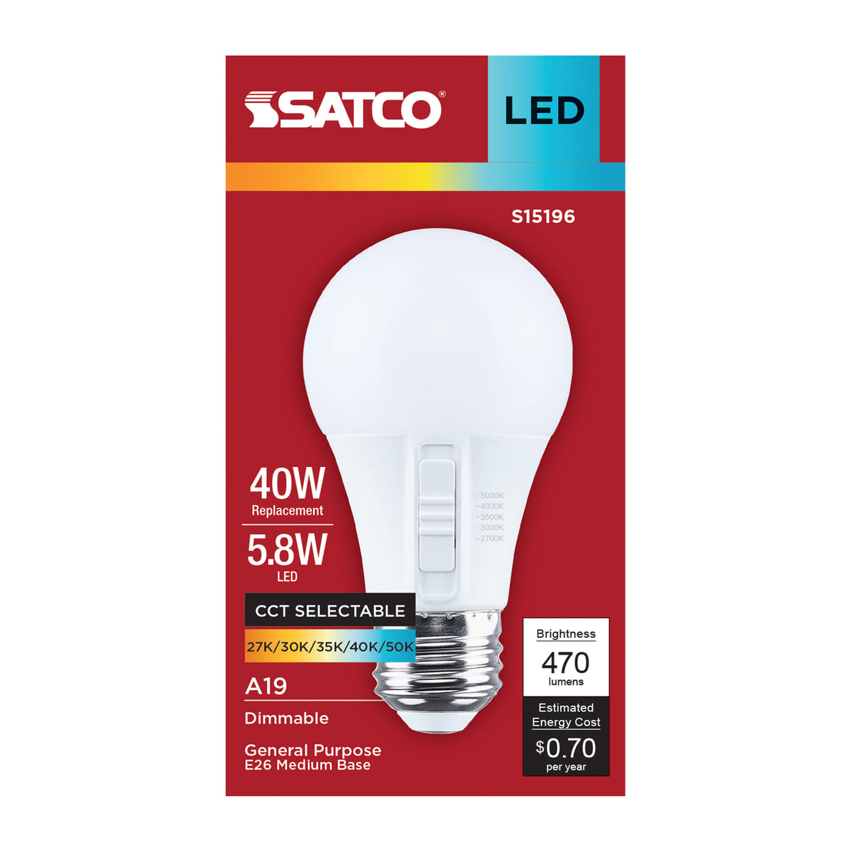 Satco S15196 5.8W A19 CCT Selectable LED Light Bulb Medium Base