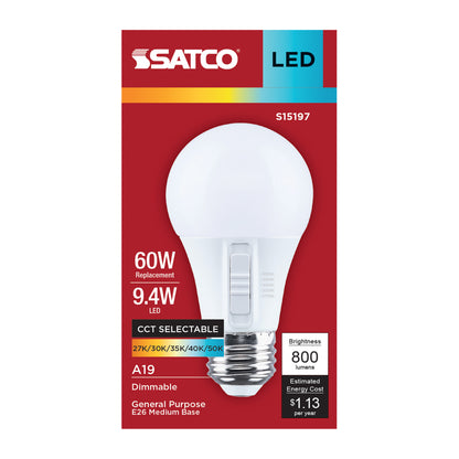 Satco S15197 9.4W A19 CCT Selectable LED Light Bulb Medium Base