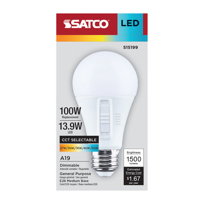 Satco S15199 13.9W A19 CCT Selectable LED Light Bulb Medium Base