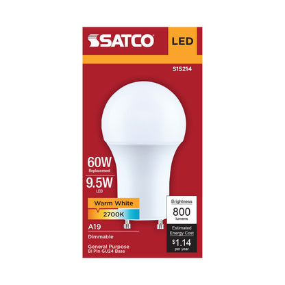Satco S15214 9.5W A19 Warm White LED Light Bulb Bi Pin GU24 Base