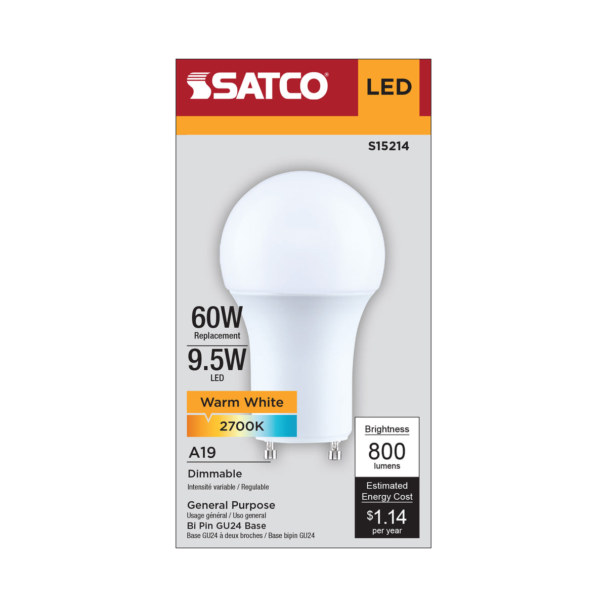 Satco S15214 9.5W A19 Warm White LED Light Bulb Bi Pin GU24 Base