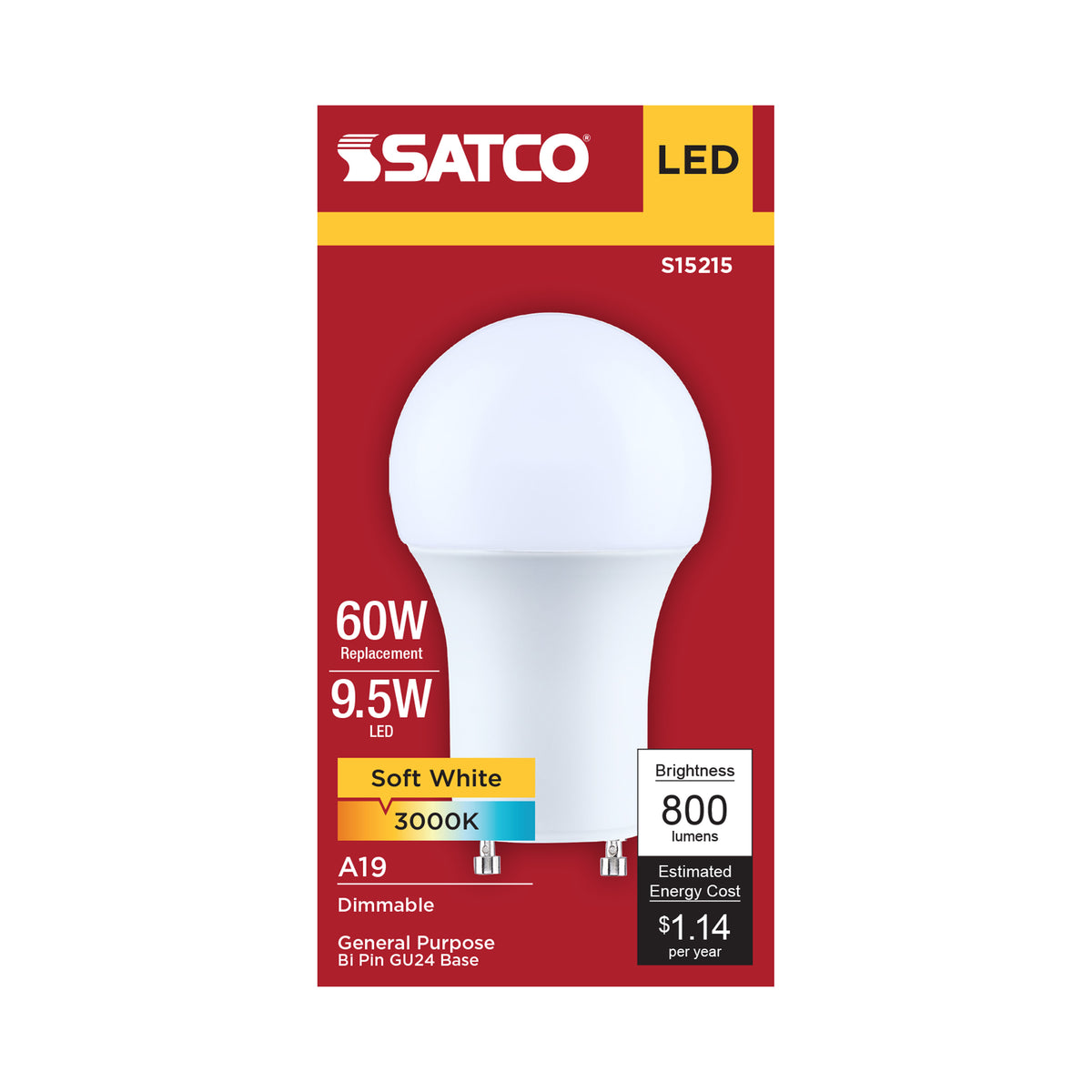 Satco S15215 9.5W A19 Soft White LED Light Bulb Bi Pin GU24 Base